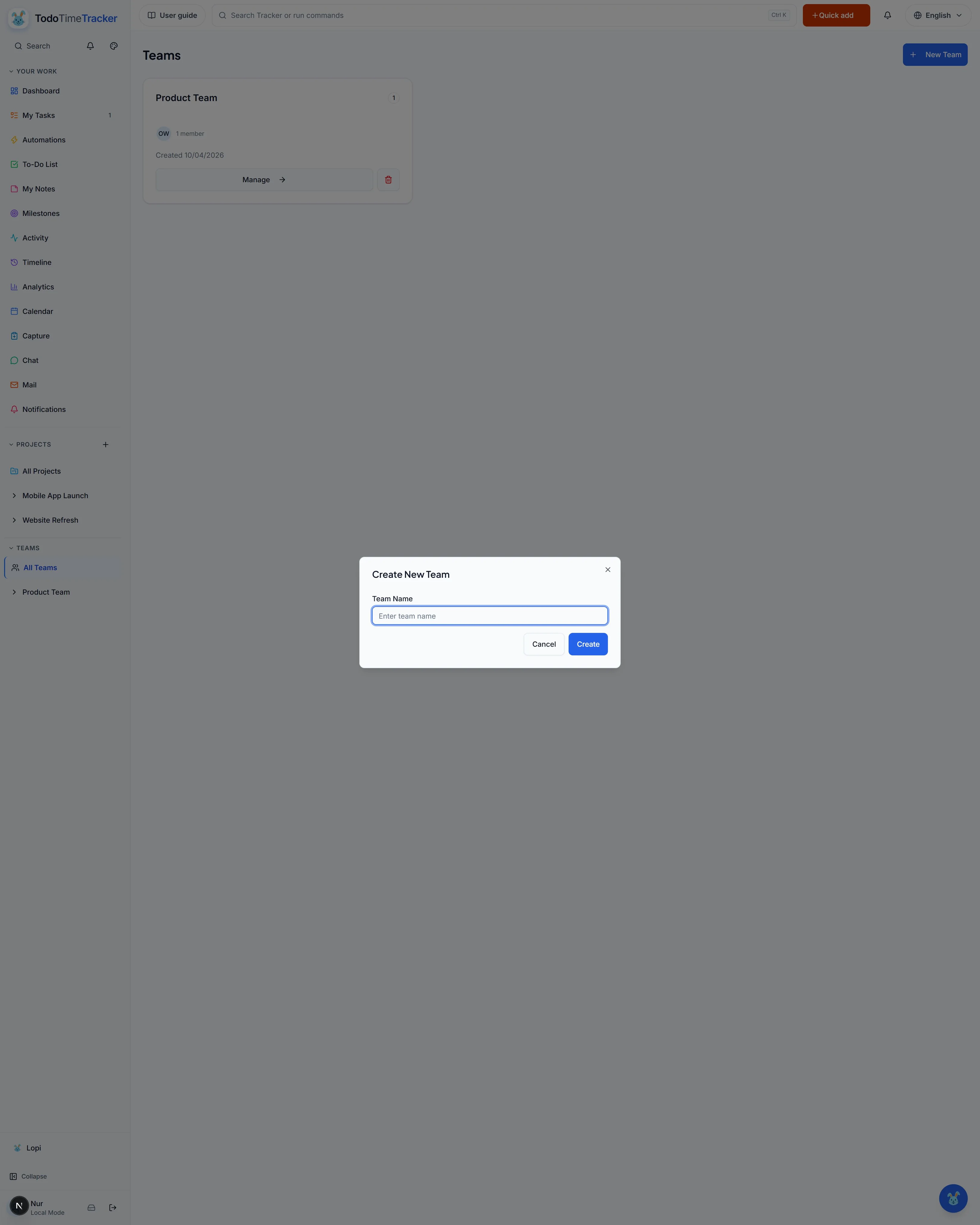Create team window screenshot