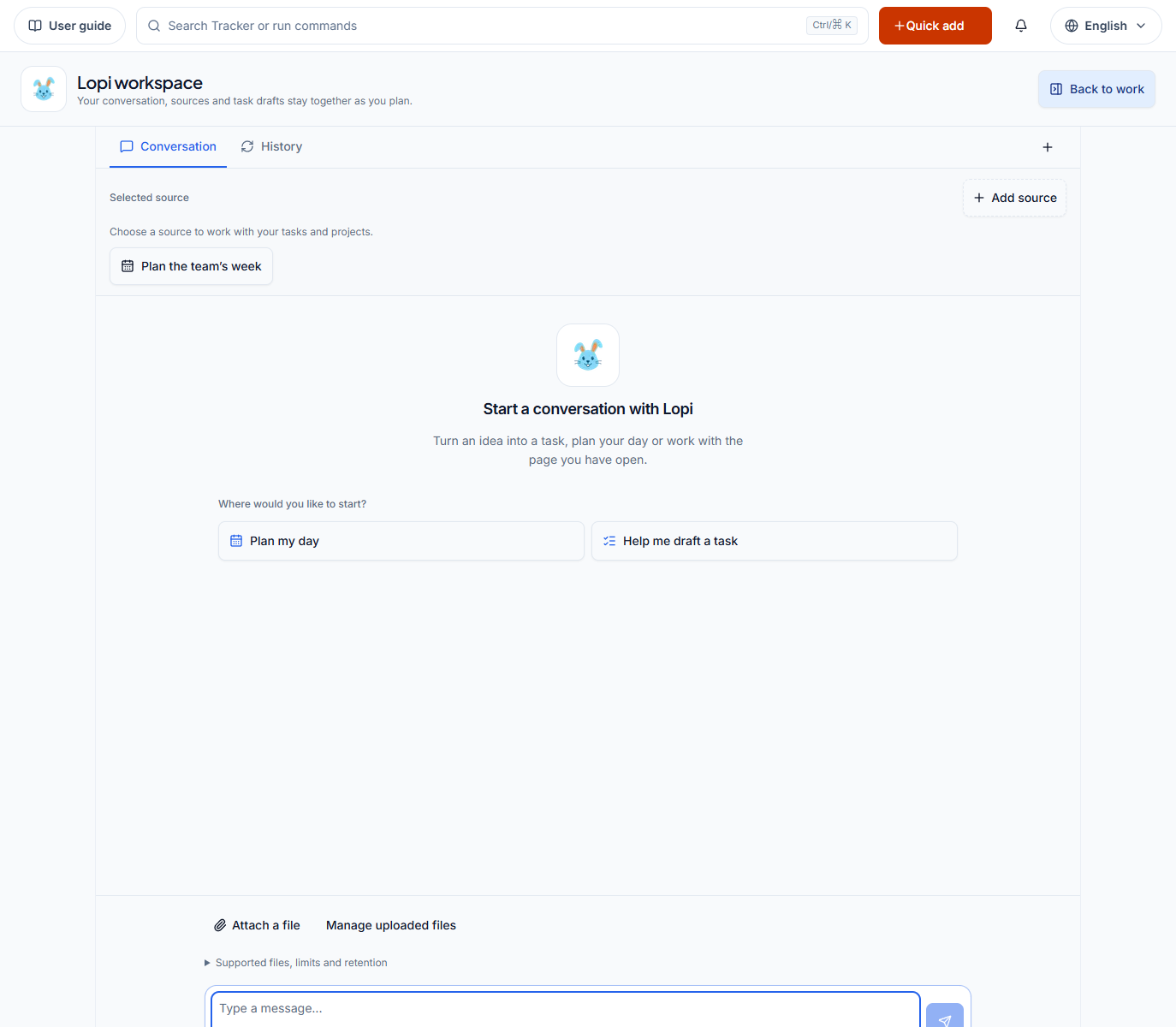 Lopi workspace, empty conversation and source selection