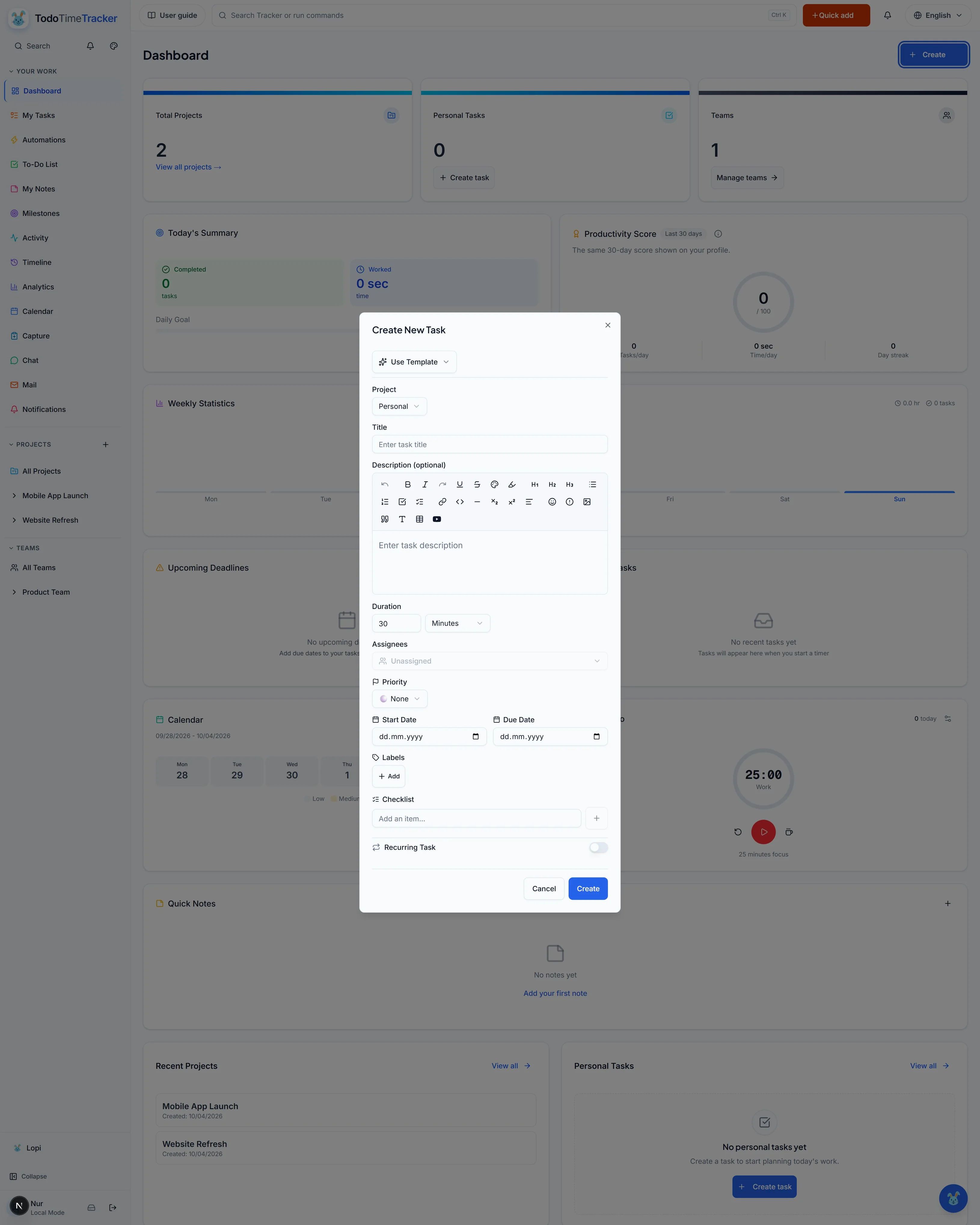 Quick task window screenshot