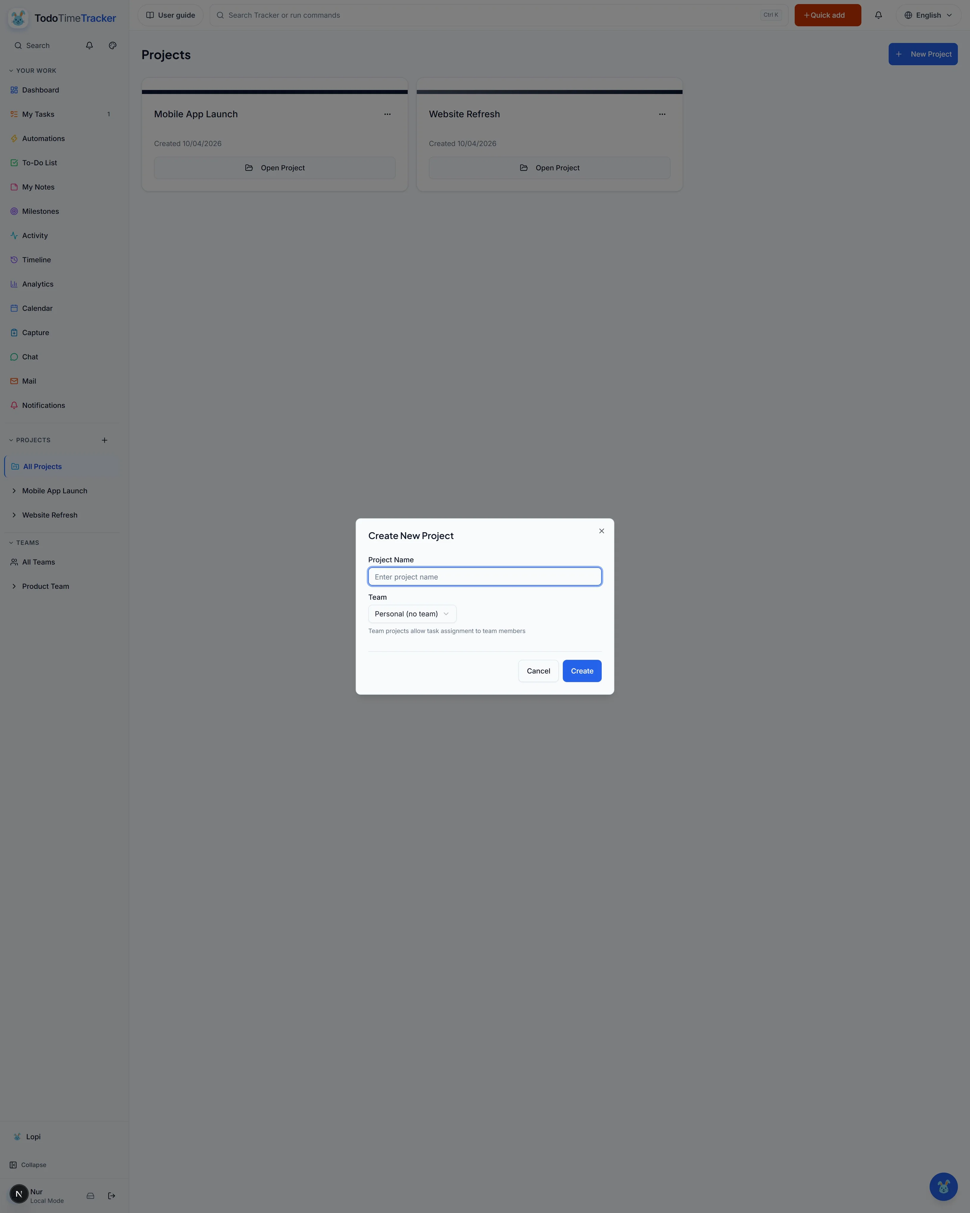 Create project window screenshot