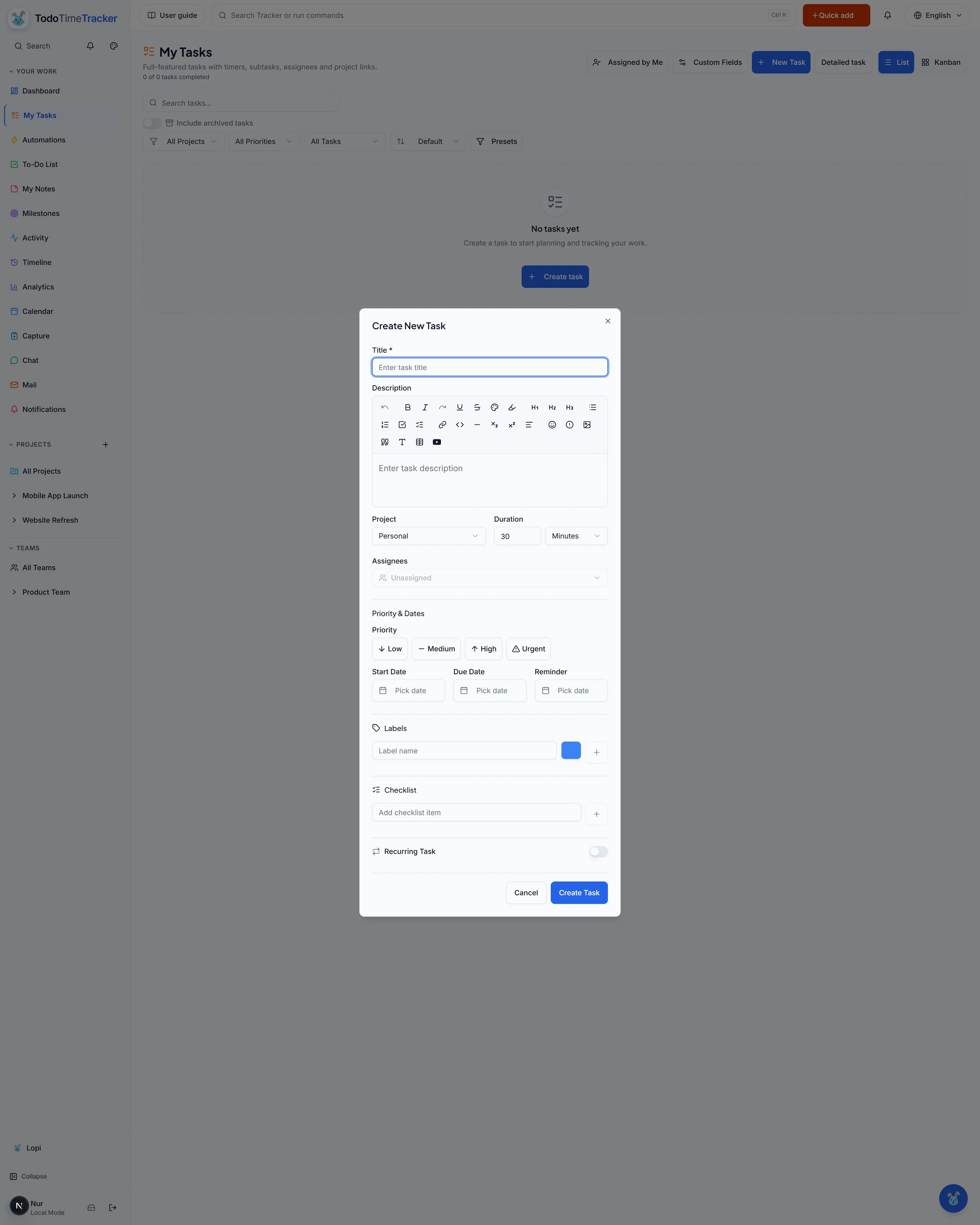 New task window screenshot